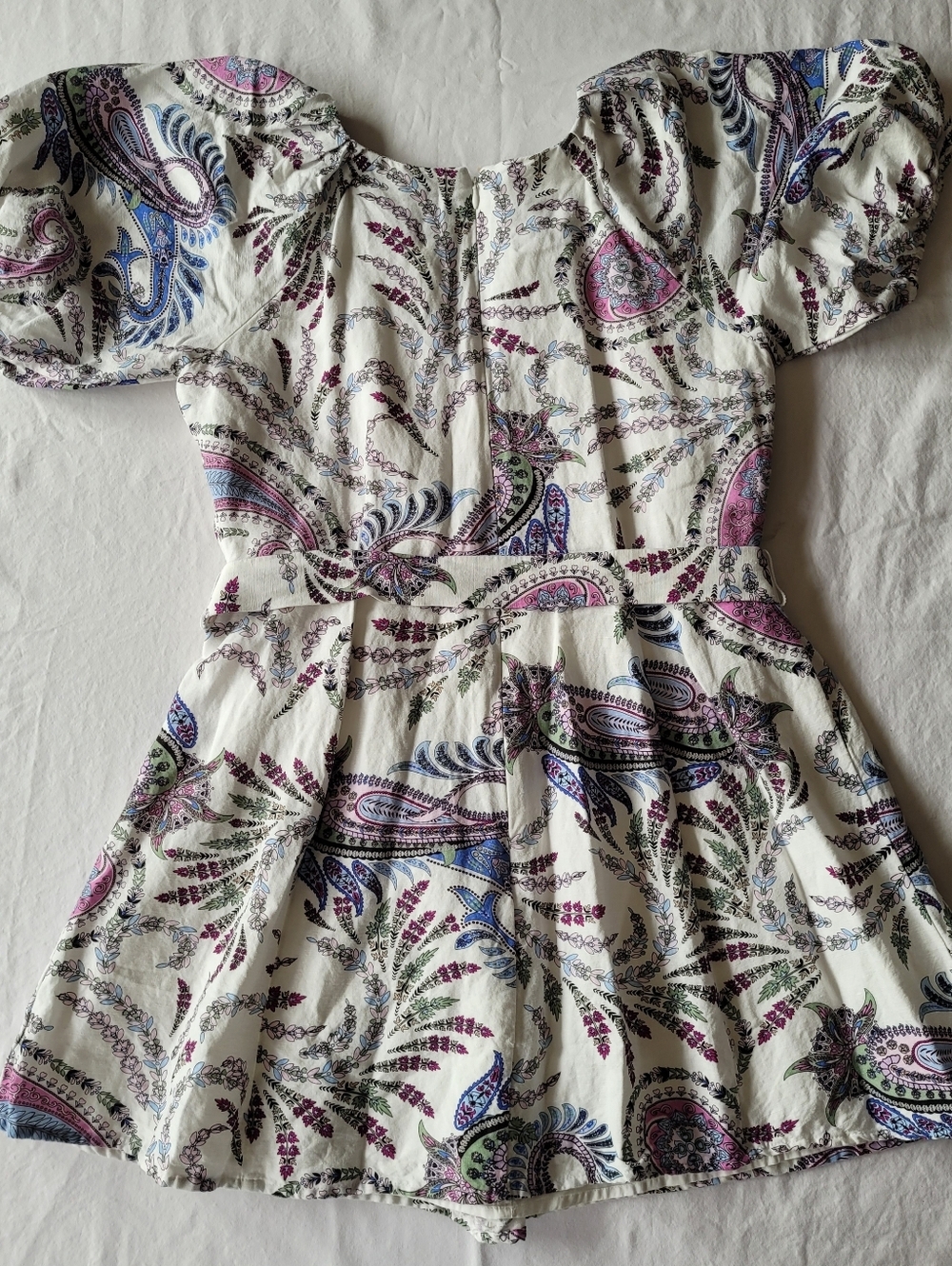 LOFT Women's  Paisley Linen Blend Puffed Sleeve Belted Dress Petite Size 12P - Picture 13 of 14